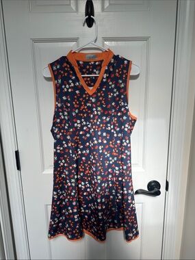 Callaway Navy Floral V-Neck Golf Dress with Orange Trim